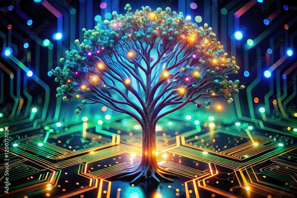 Poster cybernetic tree: glowing circuits branch, representing rapid technological advancement and ai innova