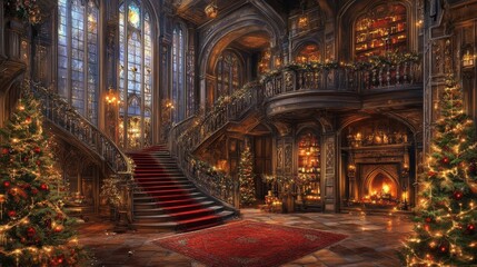 Obraz premium Christmas Grand Staircase in Gothic Mansion