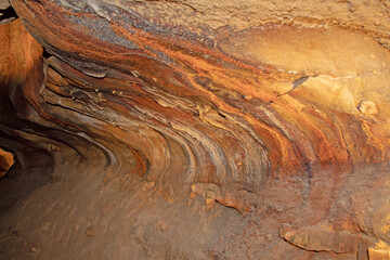 View of colorful cave rock formations inside the Ohio Caverns in West Liberty, Ohio USA.