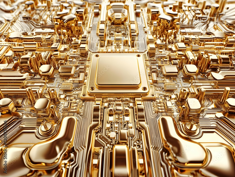 Poster golden circuit board shines with intricate detail and metallic texture in 3d render.