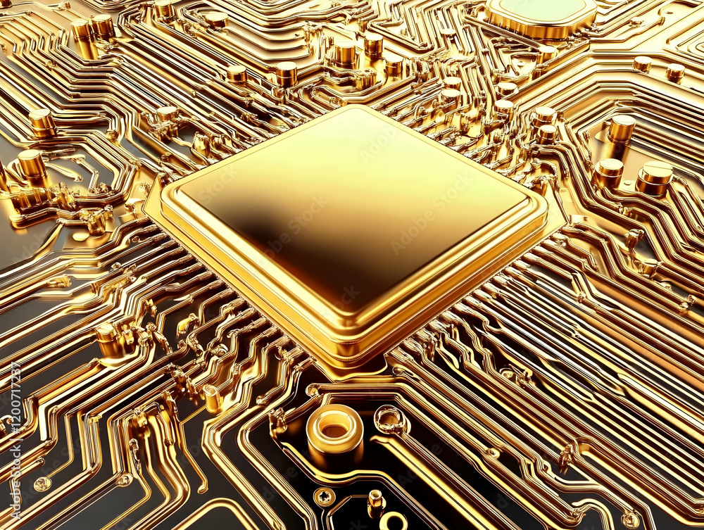 Aufkleber golden cpu chip sits on a circuit board with intricate wiring and components, close-up.