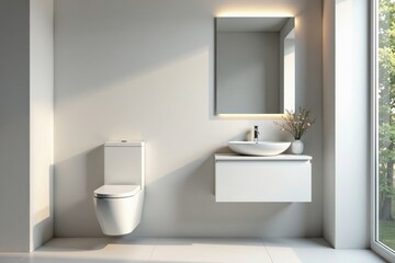 Sleek, white toilet with minimalist sink and mirror, spotless floor, tidy cabinet, bathroom, mirror