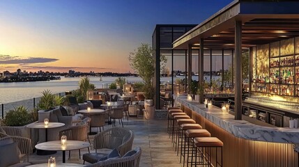 Rooftop bar overlooking a scenic waterfront at sunset.