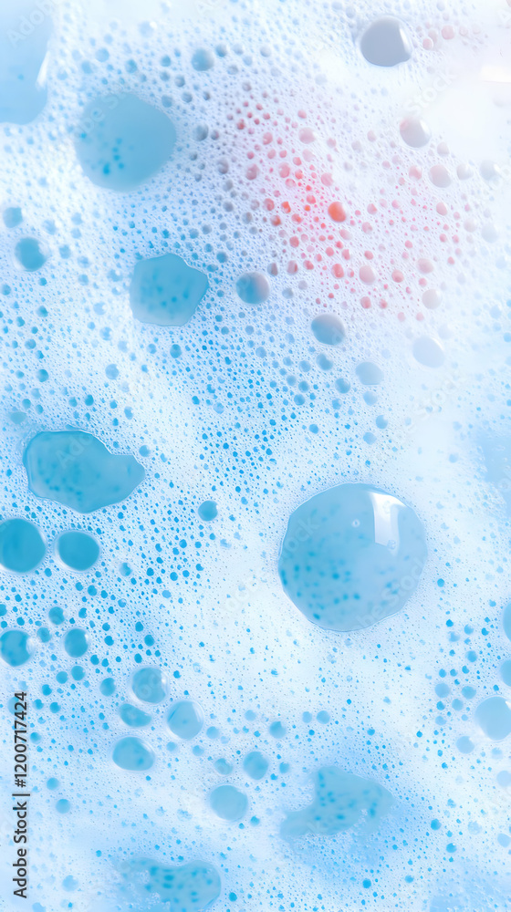 Poster close-up of soap suds texture shows delicate foam bubbles with a hint of pink in blue light