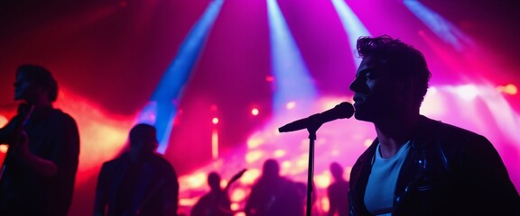 Rockstar in the Spotlight: A captivating silhouette of a male vocalist belting out a powerful tune in a dazzling concert setting, bathed in vibrant blue and pink stage lights.