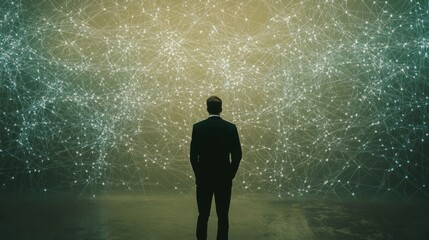 Fototapeta premium An anonymous hacker standing in front of a screen, engrossed in the process of deciphering intricate lines of code, highlighting network system vulnerability. 