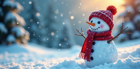 Fototapeta premium Snowman in winter wonderland with bright scarf and hat, frosty, snow-covered