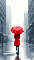 Woman Holding Red Umbrella on Rainy Street