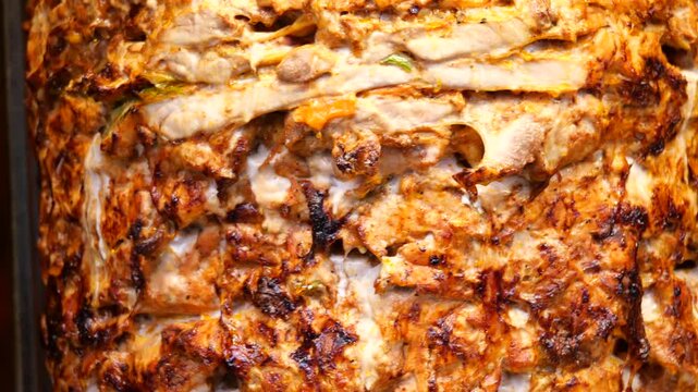  rotating traditional gyros meat close up 