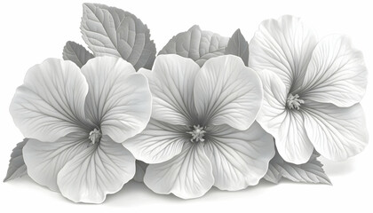 Monochrome hibiscus blossoms,  white background, floral design, greeting card