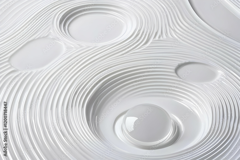 Poster abstract 3d white swirling pattern with a glossy sphere and concentric circles