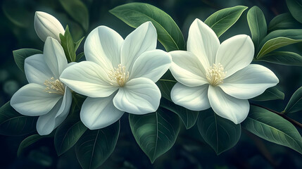 Fototapeta premium White Magnolia Blooms, Garden, Digital Art, Peaceful Background, Greeting Card