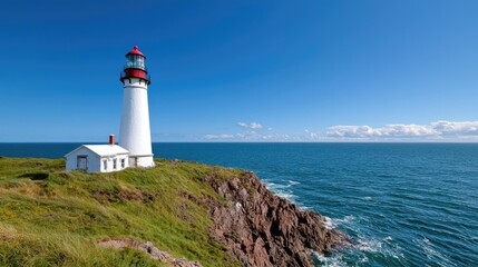 Fototapeta premium White lighthouse with a red top stands on a grassy cliff overlooking the blue ocean under a clear sky.