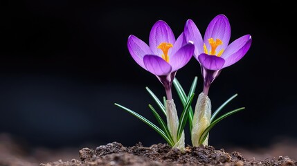 Naklejka premium Two purple crocus flowers emerge from dark soil. Spring blooms. Nature background. Card design