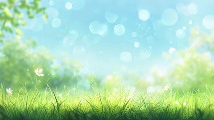 Obraz premium Blooming Meadow: A vibrant and serene meadow comes alive, with tall, swaying blades of green grass dancing under a clear, cloudless, pastel sky dotted with gentle bokeh and a few delicate flowers.