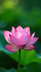 Soft pink hues glisten on the surface of a fully opened lotus blossom against a serene green background , water lily, aquatic plant