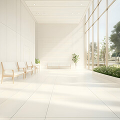 Modern white waiting room features white chairs, plants, and large windows, creating a bright and airy space.