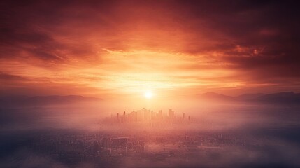 Fototapeta premium Cityscape Dawn Sun Rising Over Foggy Metropolis