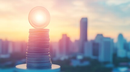 Cityscape Financial Growth Stacked Coins Sunset