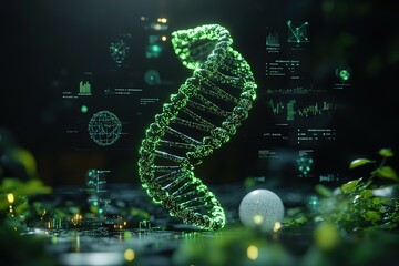 Glowing DNA strand with futuristic data overlays, set against a dark, bioluminescent backdrop.