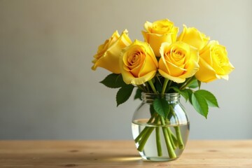 Soft yellow roses in a vase, with gentle petal folds, floral, rose