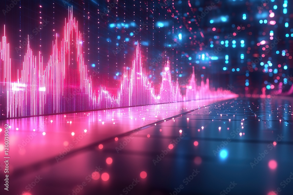 Poster abstract digital data visualization. pink and blue glowing lines form a dynamic graph on a reflectiv