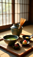 Japanese Sweet Wagashi with Matcha Tea