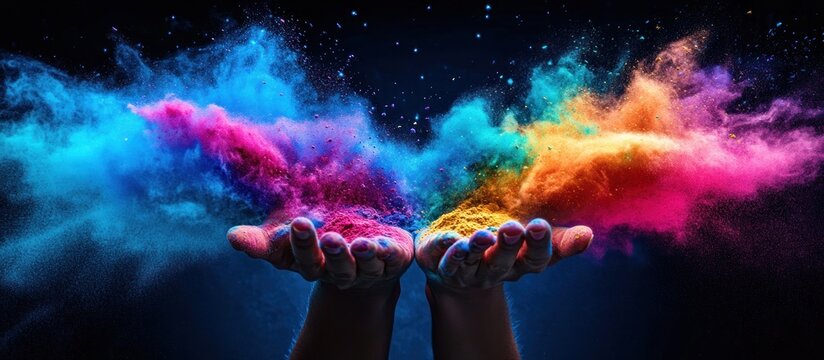 Colorful powder explosion hands, dark background, festive celebration