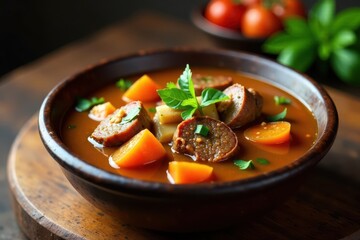 Soup Joumou with beef in a traditional Haitian pot, spices, herbs