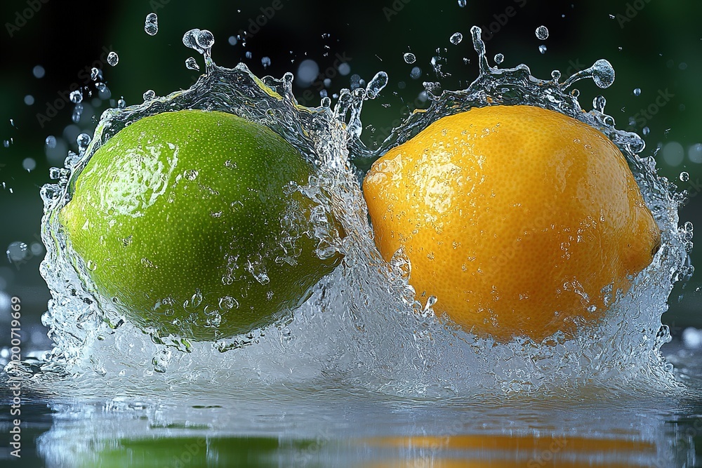 Poster lime and lemon splashing into water, creating a vibrant and refreshing image.