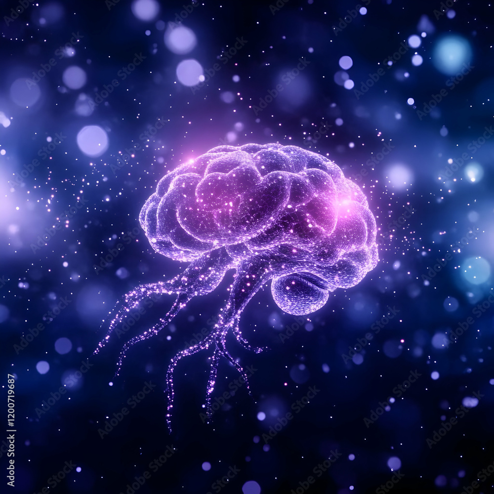 Poster abstract brain illustration glows purple with connecting neurons on dark background with light bokeh