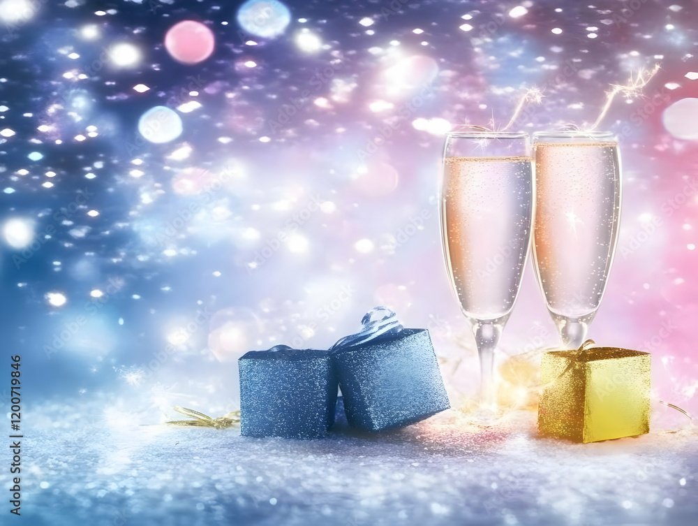 Poster Two Champagne Flutes with Sparkles and Gift Boxes on Snowy Background with Bokeh Effect