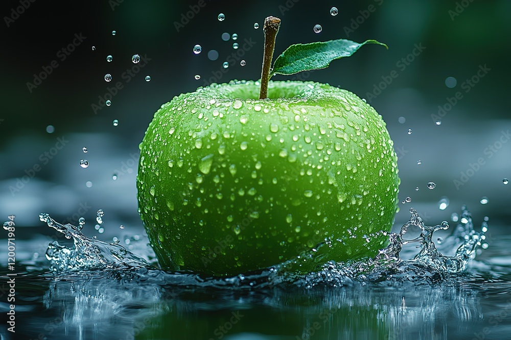 Poster green apple splashing into water, creating a vibrant, refreshing image.