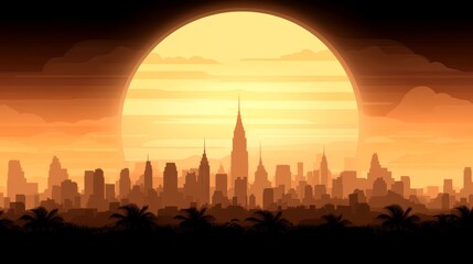 Obraz premium Cityscape Silhouette at Sunset with Giant Sun
