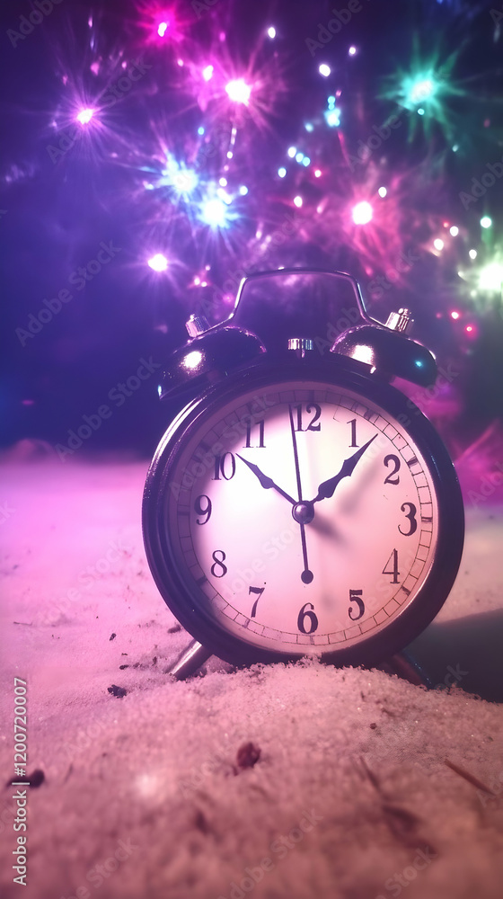 Poster Alarm Clock in Snow Shows Midnight with Festive Fireworks Exploding Beautifully Behind It