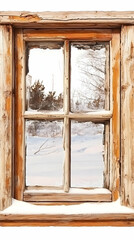 Old Wooden Window Frames a Snowy Winter Landscape View Through Frosted Panes