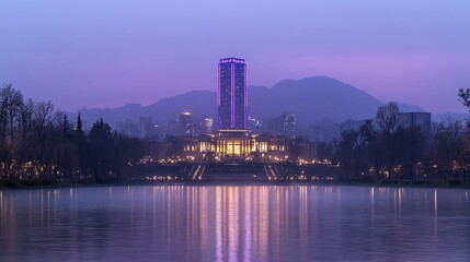 Obraz premium Cityscape Twilight Reflection Purple Building Lake