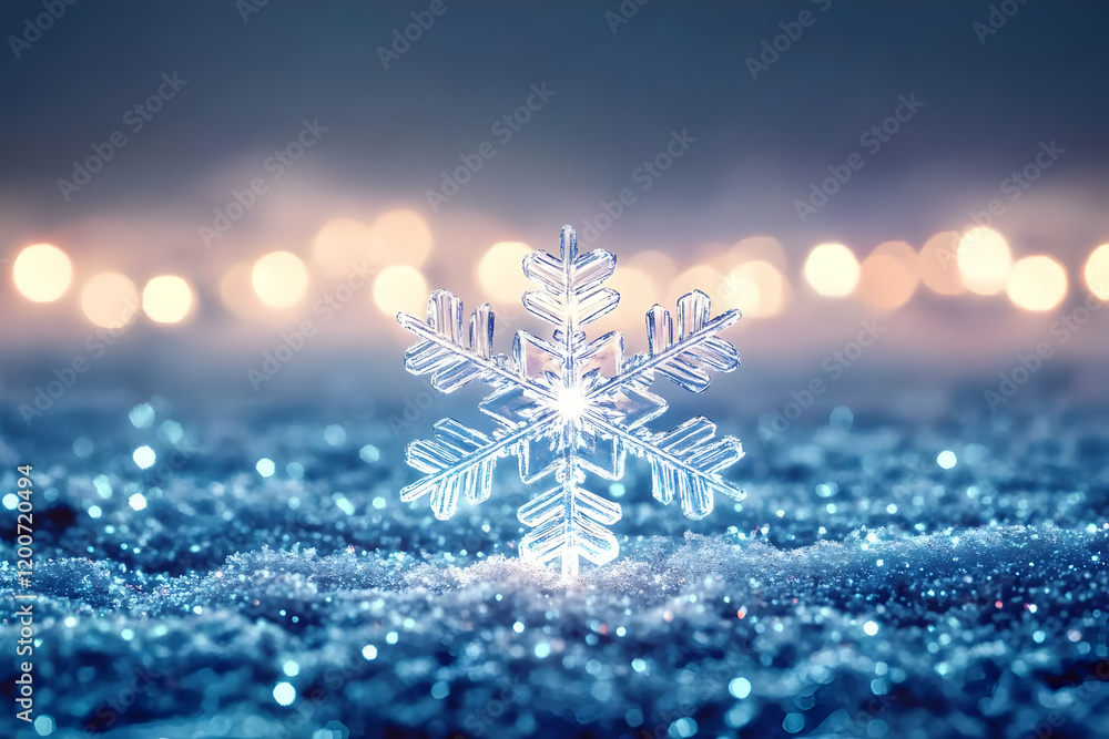Poster glimmering snowflake rests on sparkling snow with softly glowing lights in the background