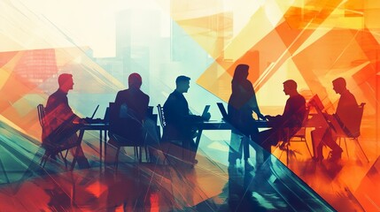 A group of people are shown at a table in silhouette, working with abstract, colorful shapes, creating a dynamic, creative and collaborative work environment