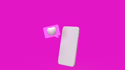 White mobile and heart on pink background  3d Rendering.