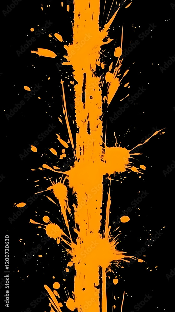 Poster abstract orange paint splatter explodes dynamically on a black background with energetic splashes