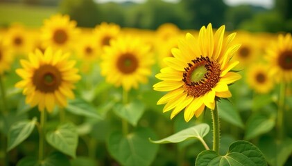Sunflower fields with bright yellow petals and green stems , outdoors, garden