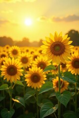 Obraz premium Sunflowers standing tall in a sea of golden light, landscape,
