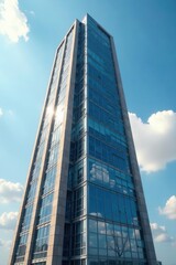 Fototapeta premium Tall concrete high-rise with a reflective glass fa?ade,, modern, reflective