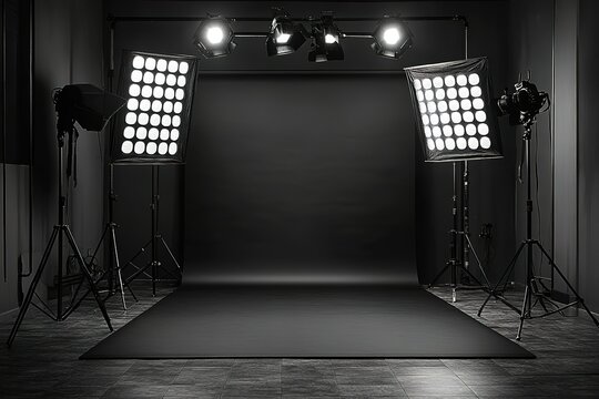 Professional photo studio setup with lighting equipment and dark backdrop ready for a photoshoot.
