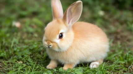 Adorable baby rabbit outdoors in a grassy field.