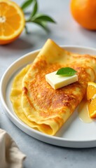 Thin crepe with caramelized sugar, orange slices and butter served on a simple white plate , dish, suzette
