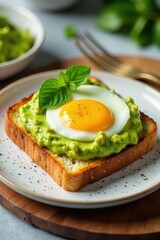 Toast with golden crispy edges and creamy green guacamole on top, a perfectly cooked egg in the center , appetizer, guacamole