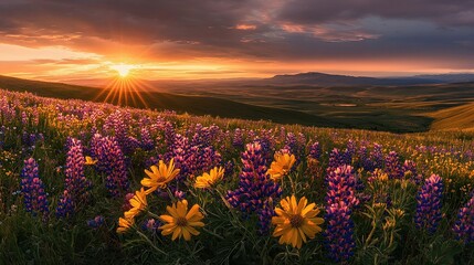 Fototapeta premium Golden Hour Bloom: A captivating panorama unfolds at sunset, where vibrant purple lupine flowers dance across a sun-drenched meadow, reaching towards a fiery sky. 