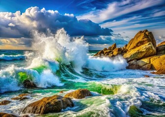 Fototapeta premium Dramatic ocean waves crash, their fury unleashed on the rocky shore. A stormy spectacle.